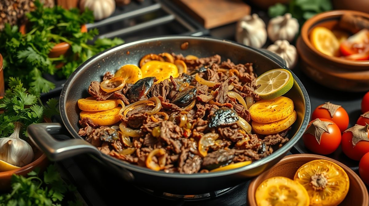 Imagem detalhada do preparo de carne seca refogada com cebola e alho, ao lado de rodelas de banana da terra temperadas com suco de limão, utensílios de cozinha e ingredientes frescos, estilo culinário
