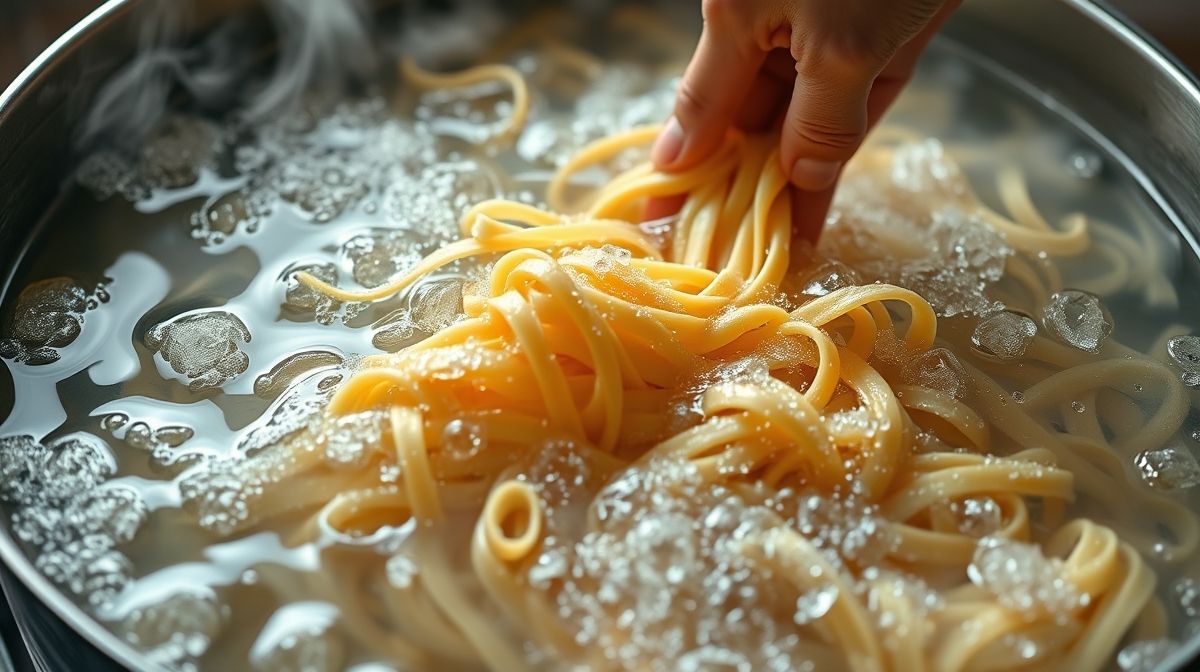imagem detalhada de uma mão mexendo o macarrão em panela grande com muita água, evitando que grude, estilo fotorealístico, foco na textura e movimento do macarrão