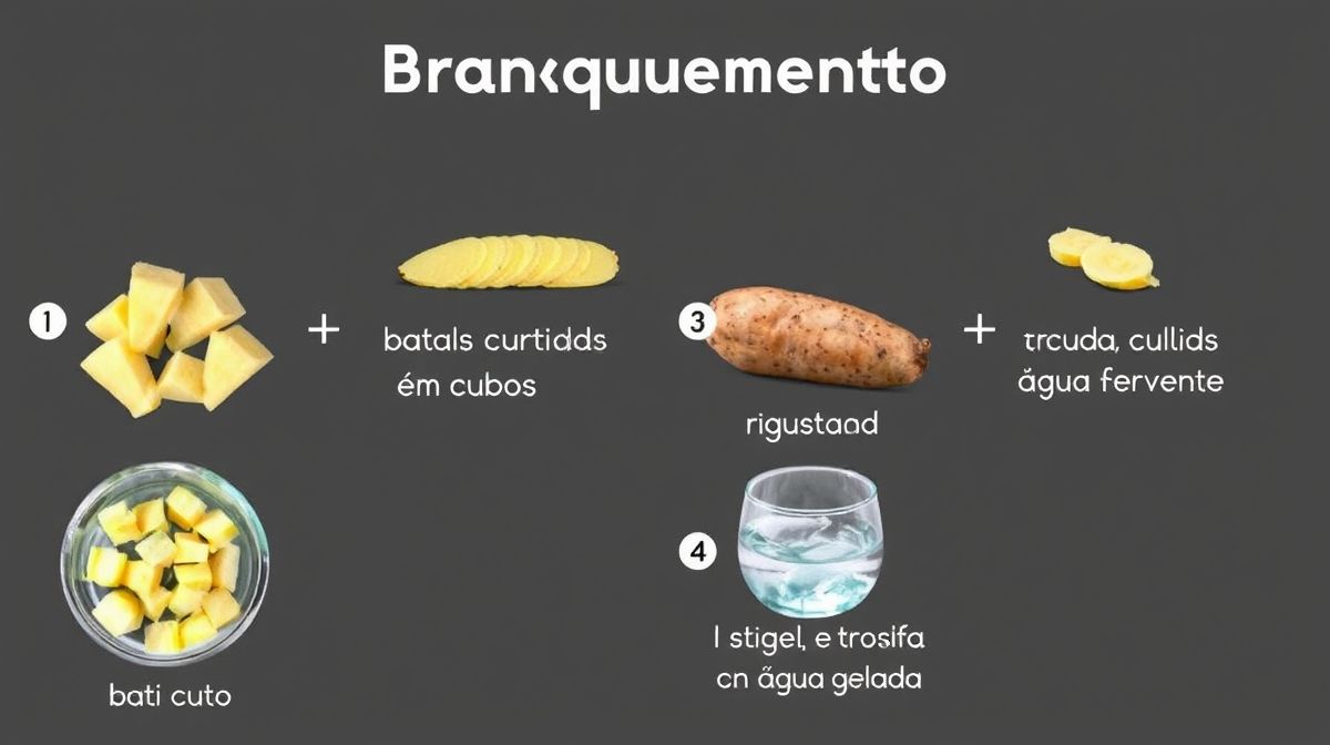 Imagem passo a passo do processo de branqueamento de batata crua, com batatas cortadas em cubos, água fervente, e tigela com água gelada, em estilo instrucional claro e educativo