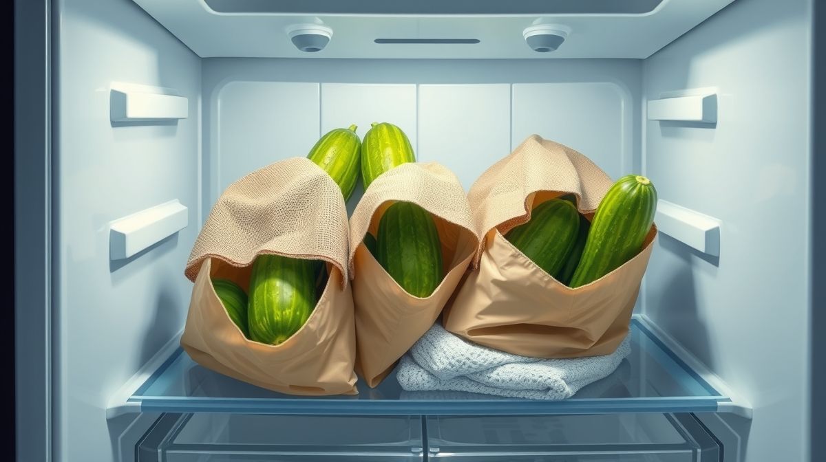 Imagem ilustrativa de pepinos armazenados na geladeira em sacos de papel e panos, mostrando método correto para conservar frescor