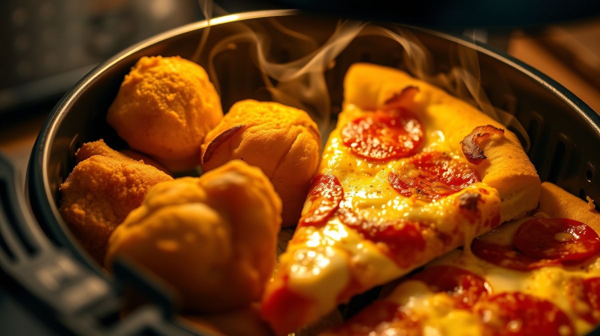 Close-up de alimentos variados como pizza, pão de queijo e coxinhas dentro da cesta da airfryer, mostrando o processo de reaquecimento com ar quente circulando.