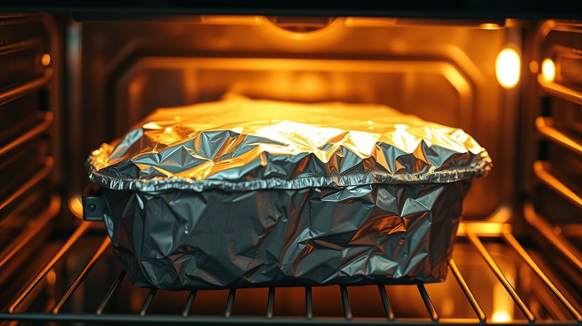 Imagem detalhada de uma marmita coberta com papel alumínio dentro de um forno elétrico aceso, mostrando o aquecimento uniforme