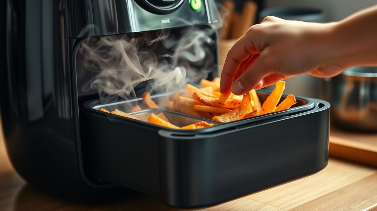 Uma mão usando uma airfryer para esquentar marmita, com vapor saindo e comida visivelmente quente, estilo foto realista