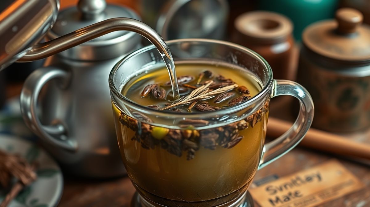 foto detalhada do preparo do chá mate em uma panela, mostrando a infusão da erva-mate na água quente, ambiente de cozinha caseira com utensílios tradicionais