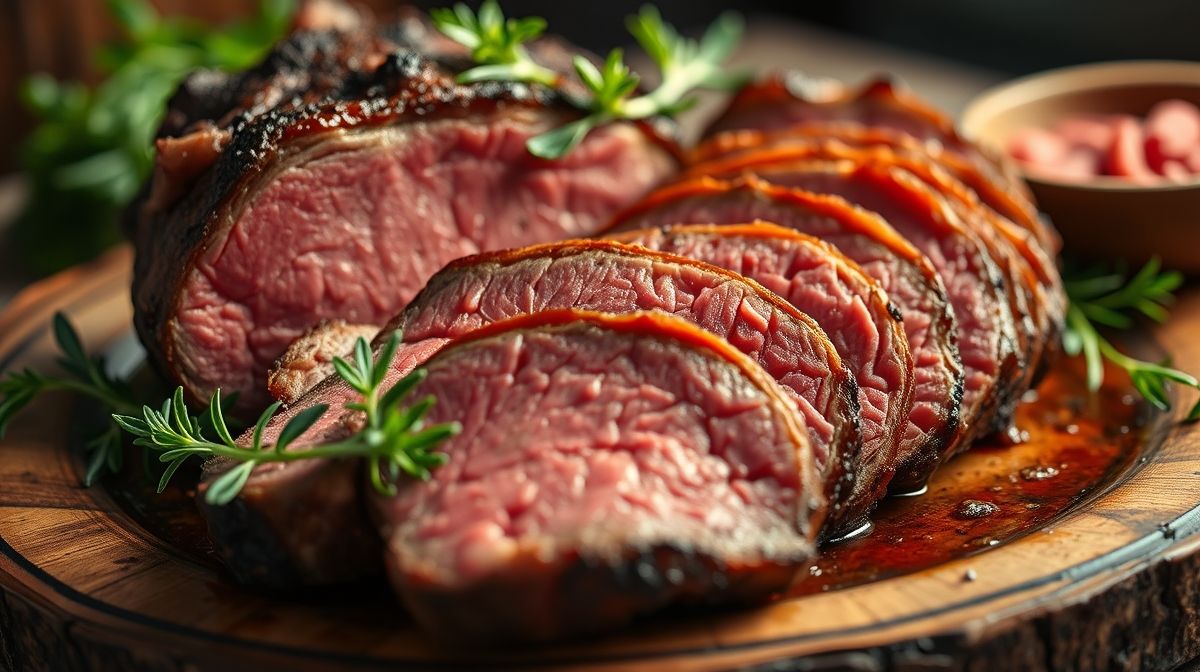 Imagem close-up de bombom de alcatra fatiado, carne rosada e suculenta, prato rústico com ervas frescas, estilo comida caseira brasileira, luz suave e convidativa