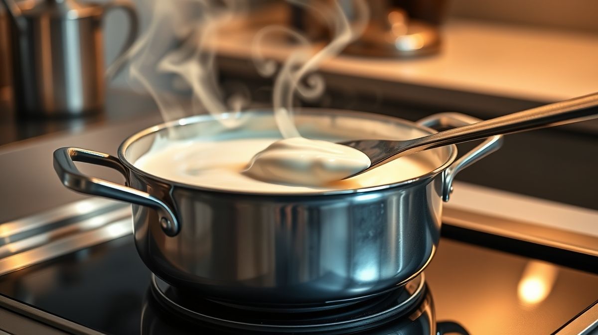 panela com creme inglês sendo cozido, textura aveludada brilhante, espátula mexendo lentamente, detalhes de vapor e creme cremoso, ambiente de cozinha elegante, foco nítido, luz suave