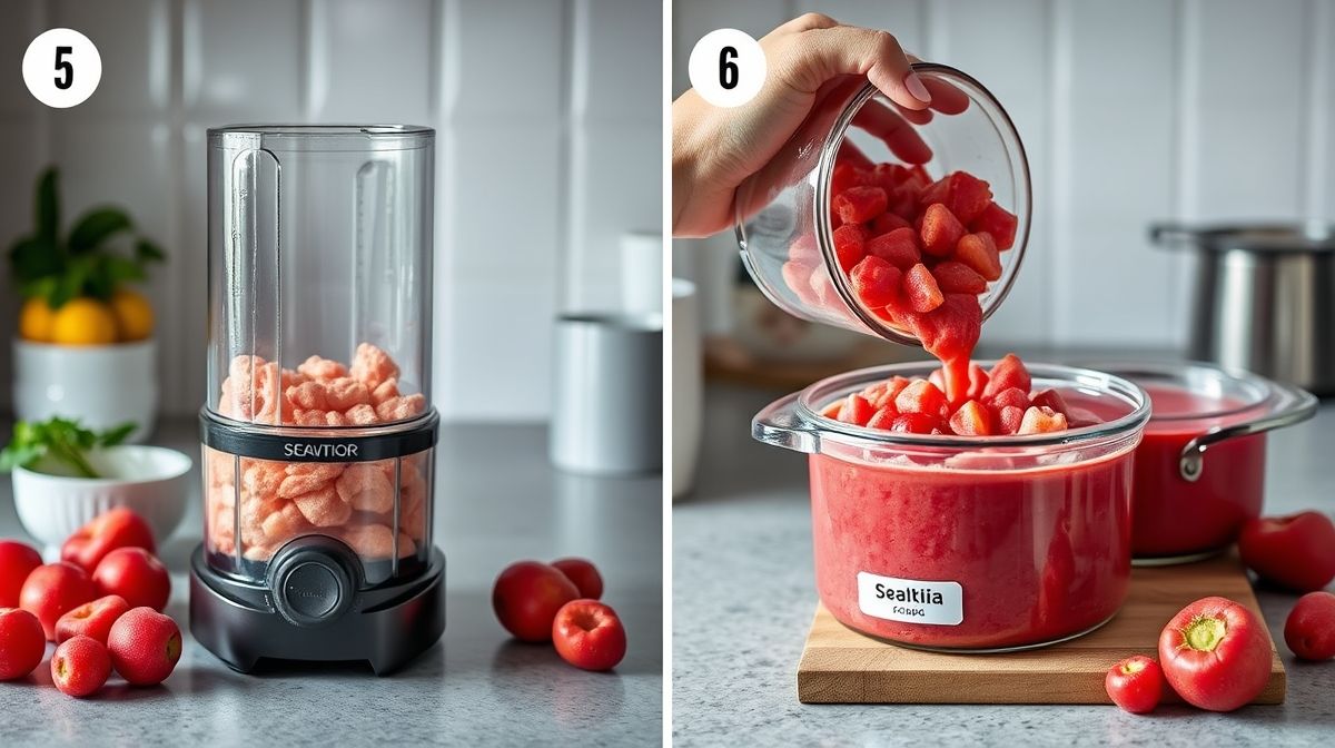 Passo a passo de preparo de polpa de acerola caseira, mostrando acerolas lavadas, liquidificador com polpa, e potes etiquetados para freezer, ambiente de cozinha limpa e iluminada