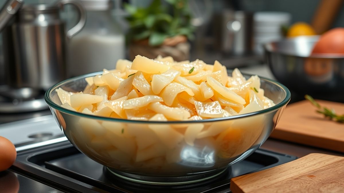 processo de preparo da polpa de manga: mangas maduras cortadas e descascadas com liquidificador em ação ao lado, cozinha clara com utensílios modernos