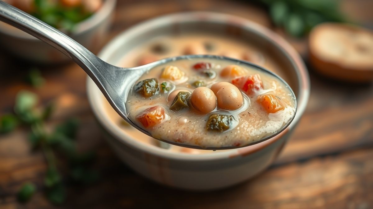 Close-up de uma colher cheia de sopa de feijão cremosa com pedaços de legumes e feijão, textura suave, fundo desfocado de uma mesa de madeira