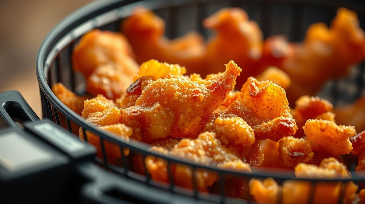 Close-up de torresmo dourado e crocante na cesta de airfryer, destacando textura e crocância, fundo desfocado