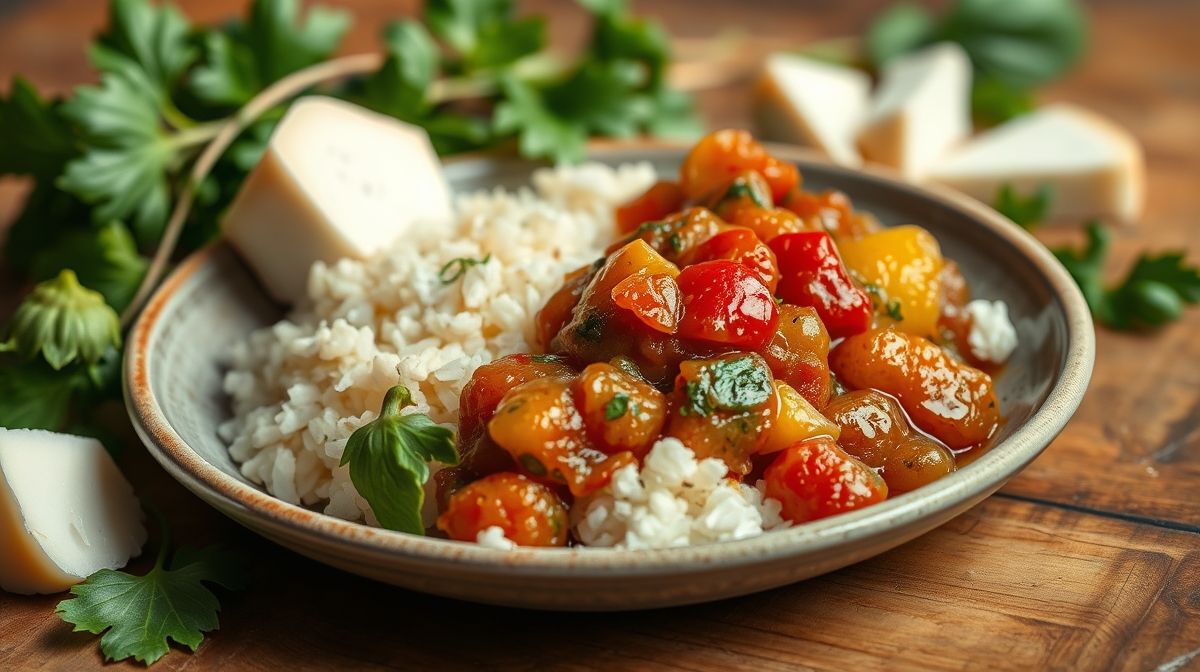 Imagem close-up de uma porção de caponata de berinjela em prato branco, com textura rica e cores vibrantes dos ingredientes, ao lado de folhas verdes e queijo ricota, em fundo de mesa de madeira rústica