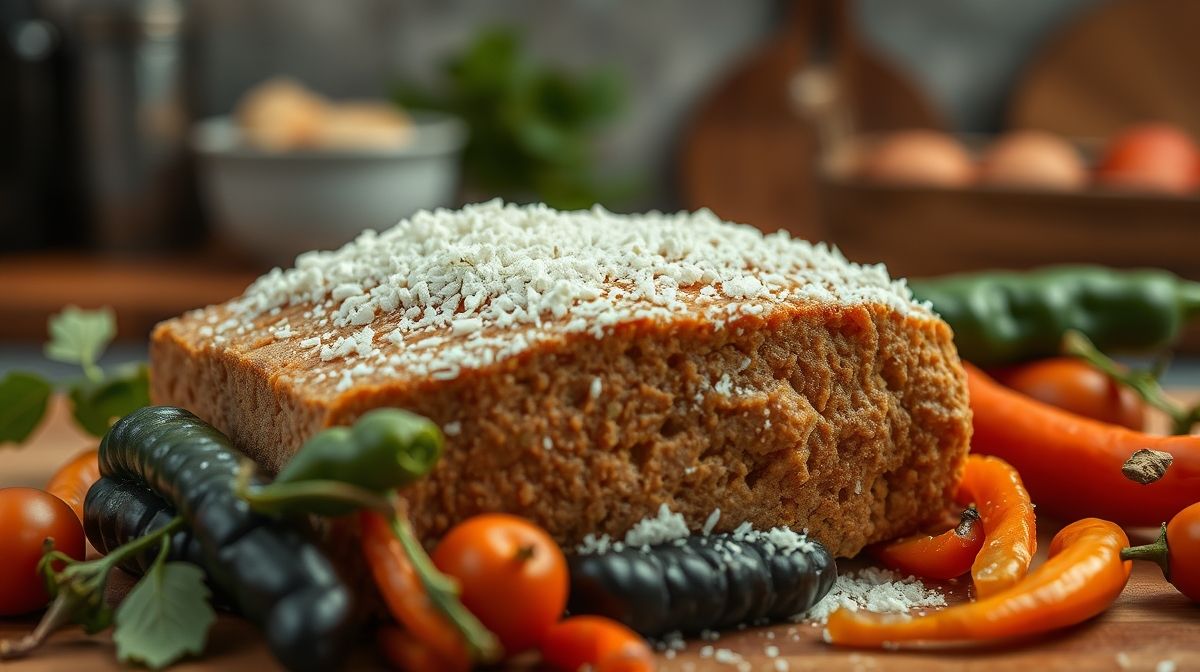 Close-up de mão ralando cúrcuma fresca sobre uma panela com legumes recheados, mostrando textura da raiz e cor intensa, ambiente de cozinha caseira com luz suave e acolhedora.