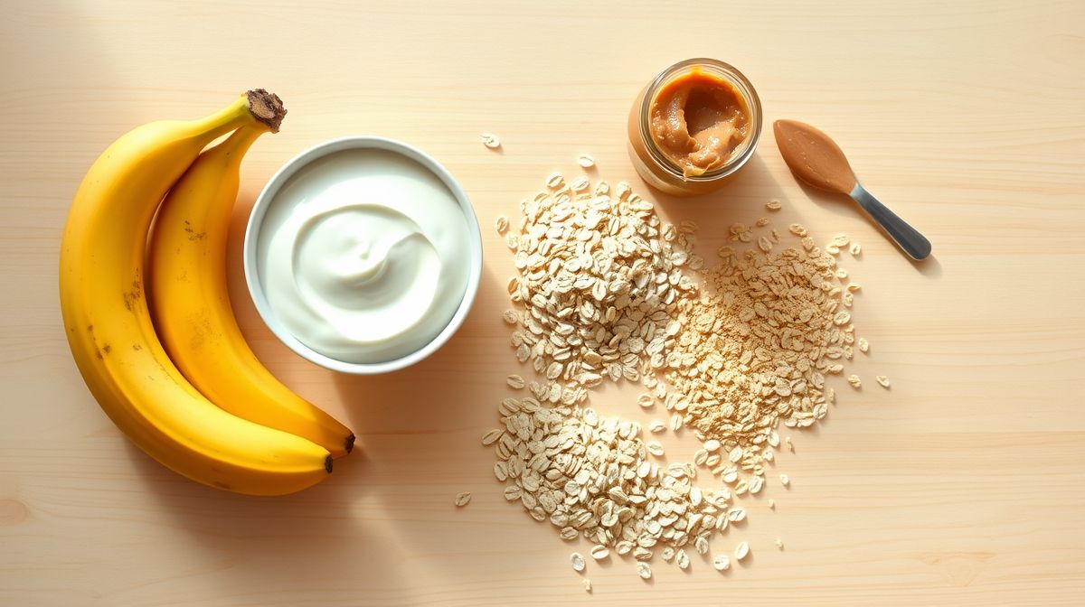 ingredientes frescos para cookie de banana com iogurte sobre mesa de madeira clara, aveia, bananas, iogurte, pasta de amendoim, estilo flat lay