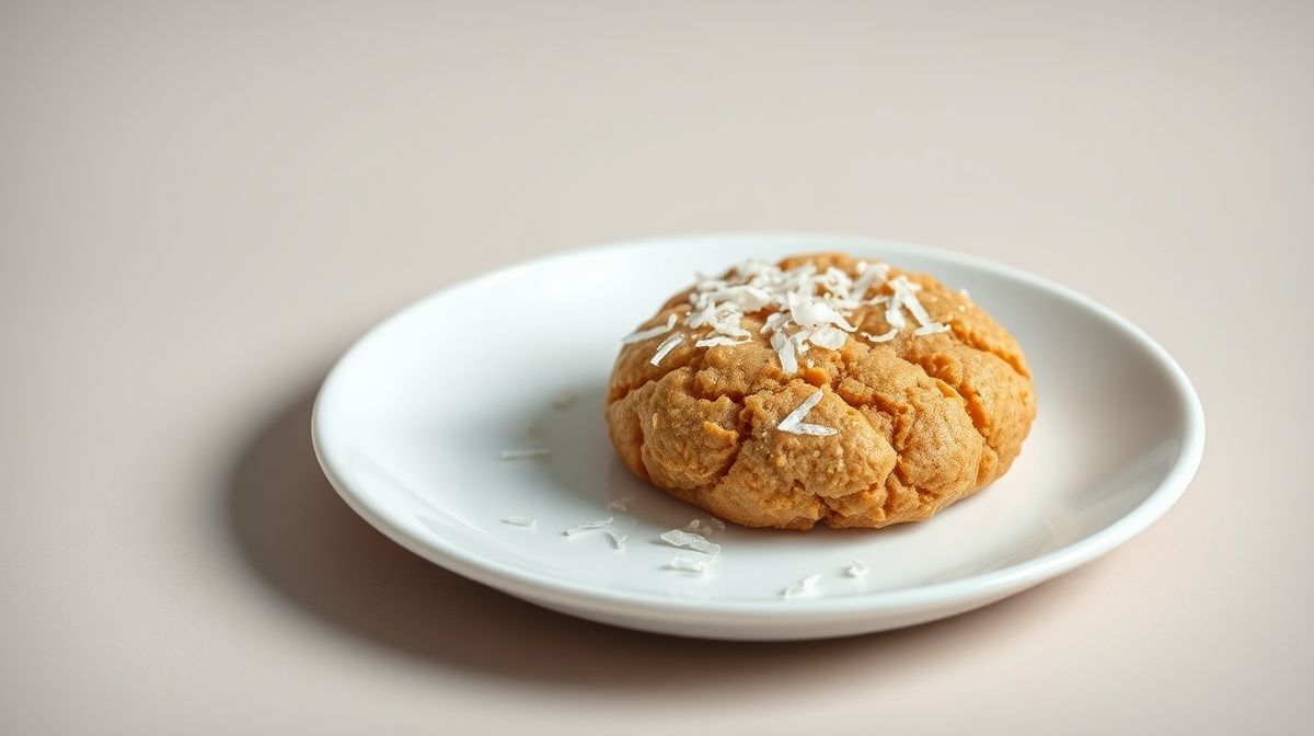 cookie de pasta de amendoim e coco servido em prato branco, decorado com coco ralado, fundo neutro, estilo clean e minimalista, luz suave destacando textura e cor