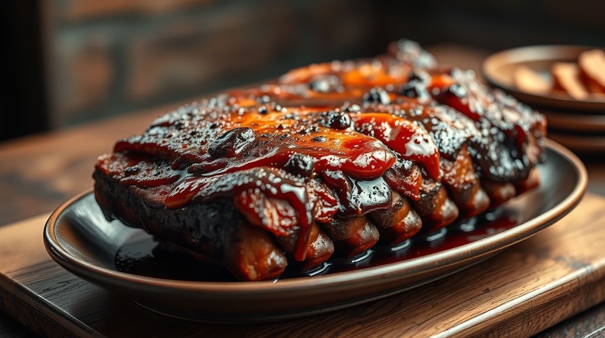 close-up da costela com cerveja preta dourada e suculenta, servida em travessa de cerâmica, fundo desfocado, estilo food photography