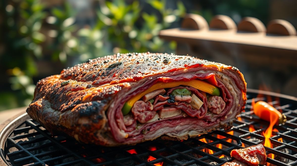 Foto detalhada da costela desossada recheada sendo preparada na churrasqueira, mostrando as camadas de recheio com linguiça toscana, bacon e pimentões, ambiente ao ar livre em dia de churrasco