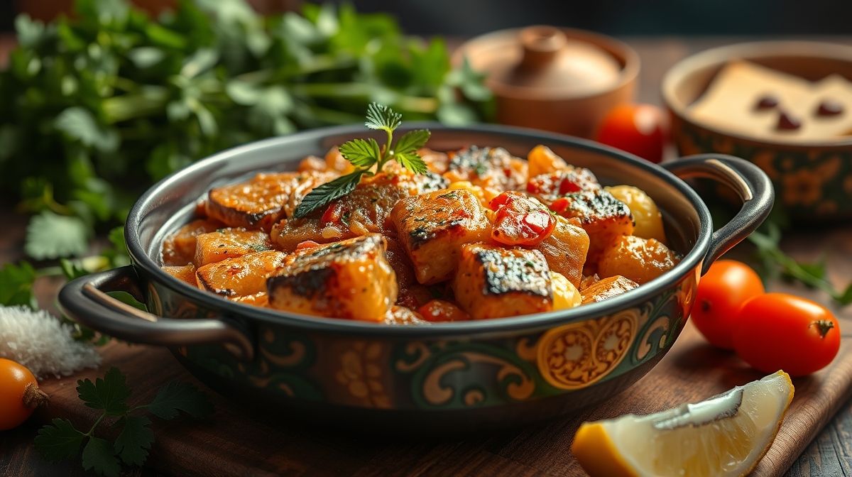 Imagem detalhada de costelinha suína dourada acompanhada por quiabo cozido, vista de perto, com ingredientes frescos ao redor, estilo culinário brasileiro tradicional