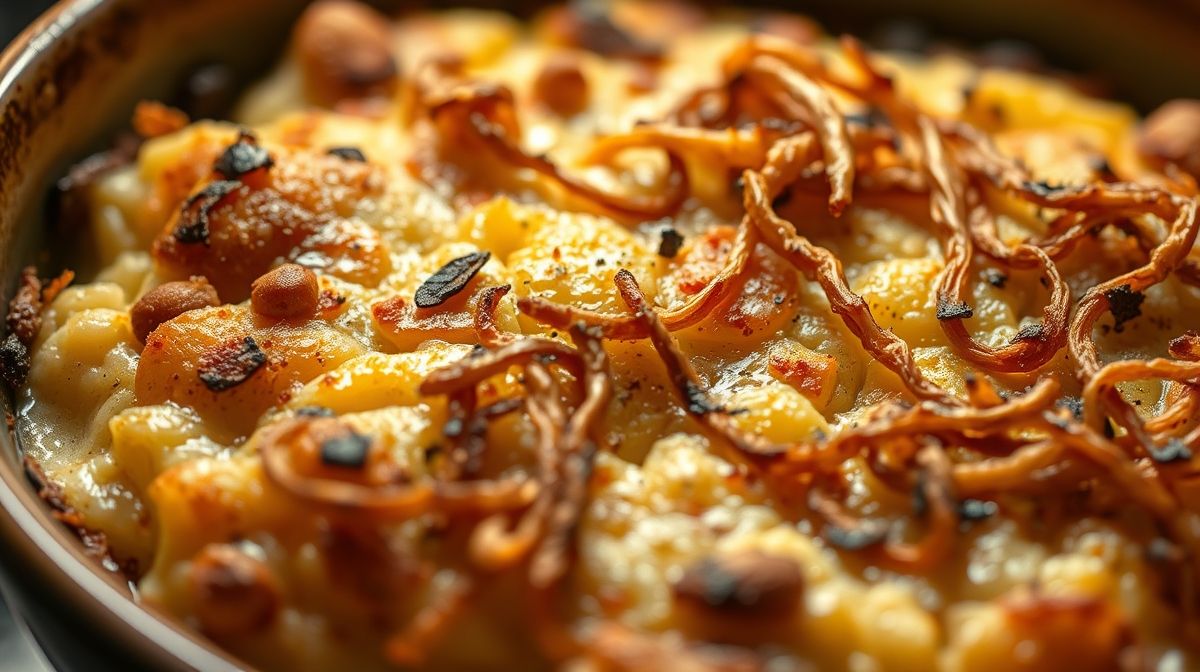 Close-up de couve-flor gratinada coberta com batata palha crocante em um recipiente de forno, textura cremosa e dourada, iluminação suave e aconchegante