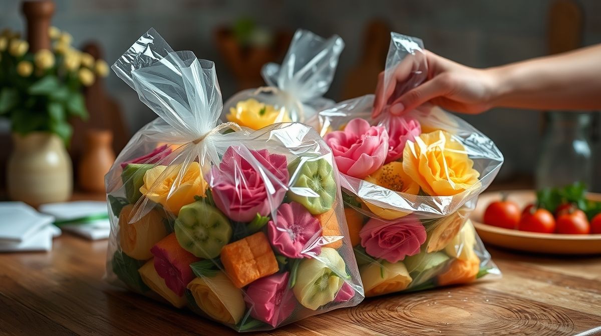 imagem de couve-flor floretes branqueados sendo colocados em sacos plásticos para congelamento, ambiente de cozinha caseira