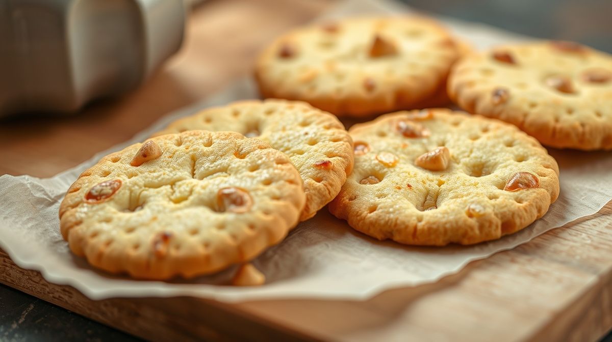 close-up de crackers de alecrim veganos crocantes sobre papel manteiga, mostrando textura detalhada e alecrim fresco, ambiente de cozinha minimalista e clara