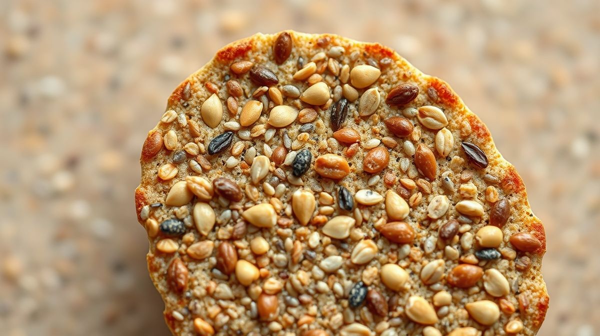 Close-up de cracker de sementes vegana e sem glúten com textura crocante, detalhes das sementes chia, linhaça e abóbora, em fundo neutro