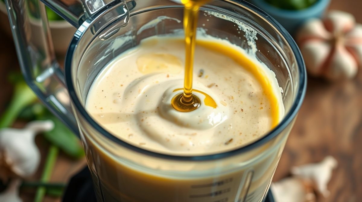 Imagem close-up do processo de preparo do creme de alho para churrasco no liquidificador com ingredientes frescos e gelados, mostrando óleo sendo adicionado lentamente em fio
