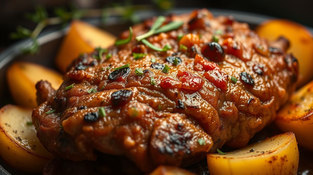 Close-up do cupim assado com batatas douradas no forno, destacando a textura suculenta da carne e o brilho dos temperos, com fundo desfocado de utensílios de cozinha
