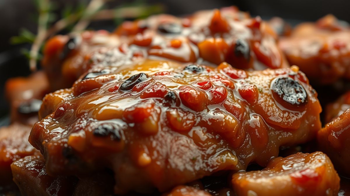 Close-up de cupim na mostarda sendo fatiado, pedaços dourados e suculentos, detalhe da mostarda e textura da carne, fundo desfocado de cozinha