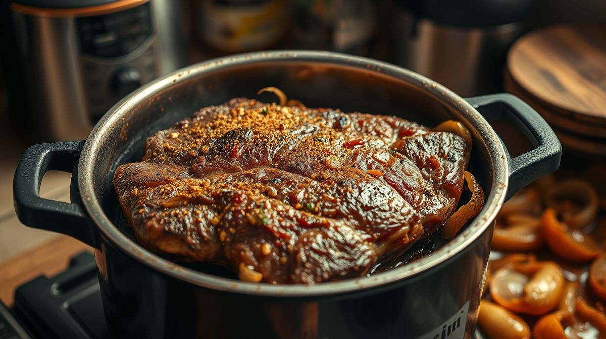 Imagem do preparo do cupim na panela de pressão, mostrando a carne sendo dourada e temperada, com cebolas refogadas ao lado, ambiente de cozinha caseira