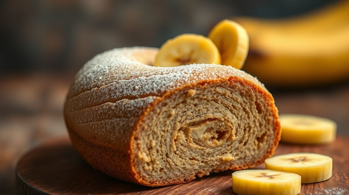 close-up do doce de banana de corte com textura firme e coloração marrom escuro, copo de vidro com bananas maduras ao fundo, estilo culinário