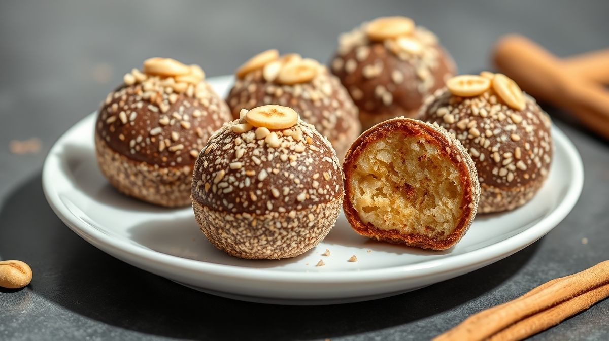 Close-up de brigadeiros fit de banana decorados com amendoim moído e canela, dispostos em prato branco minimalista, fotografia gastronômica com iluminação natural, foco nítido na textura e cores convidativas