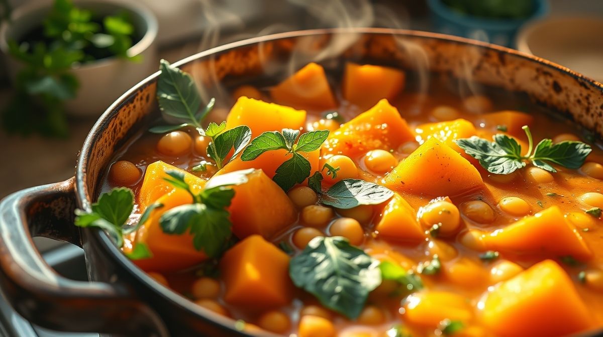 Imagem close-up do preparo do ensopado de abóbora e grão-de-bico, mostrando ingredientes frescos como abóbora cortada, folhas verdes e grão-de-bico em uma panela de cozinha iluminada por luz natural
