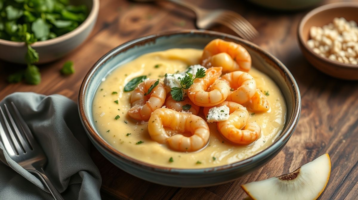 Imagem detalhada do preparo do escondidinho de batata com camarão, mostrando um prato servido à mesa com purê cremoso, camarões dourados e queijo gratinado, decorado com cheiro-verde, estilo culinária brasileira caseira