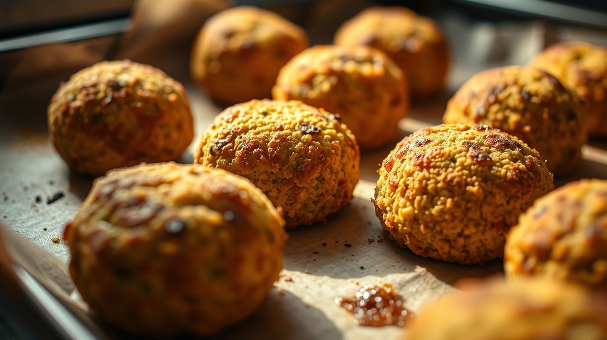 Close-up de bolinhos de falafel assados no forno, com textura crocante e dourada, apresentados em uma assadeira com papel manteiga, iluminação natural
