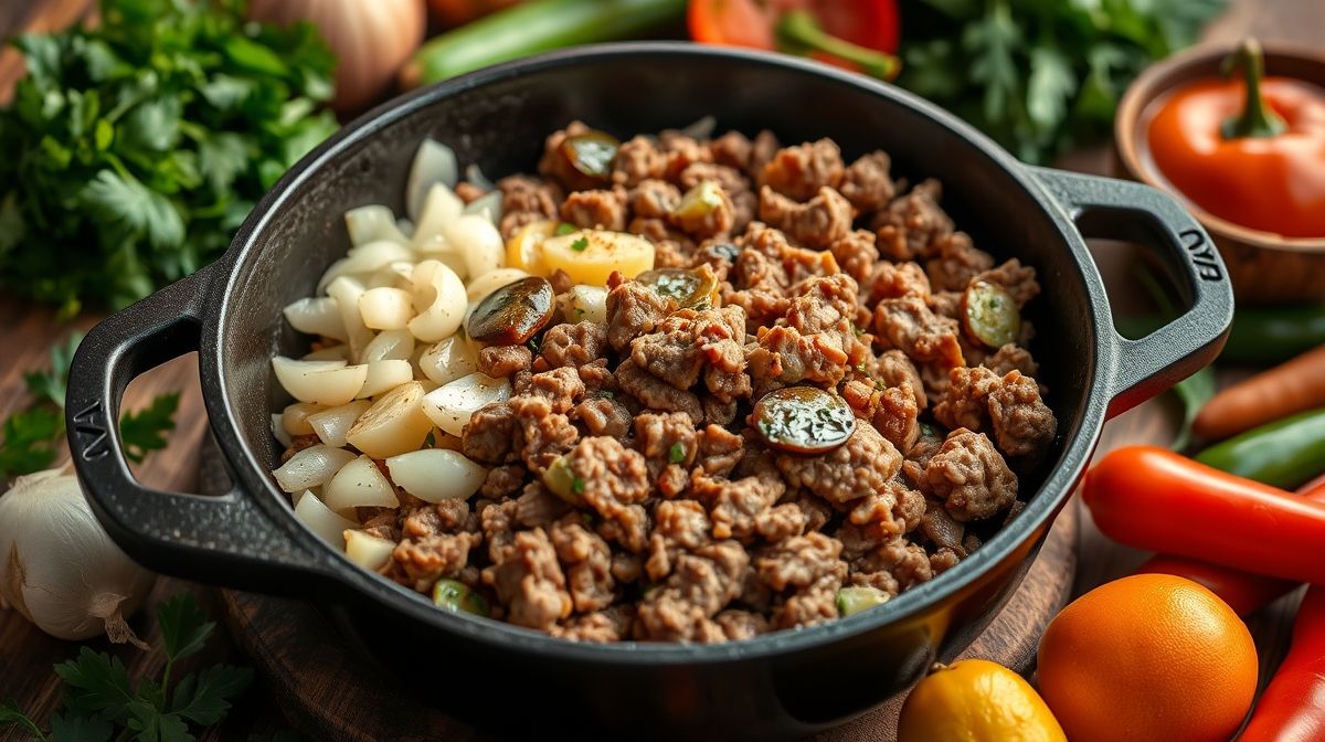 Passo a passo da preparação da farofa de carne moída: refogando a cebola e o alho em panela de ferro, ingredientes frescos ao redor, close na textura da carne moída dourada, estilo fotográfico culinário