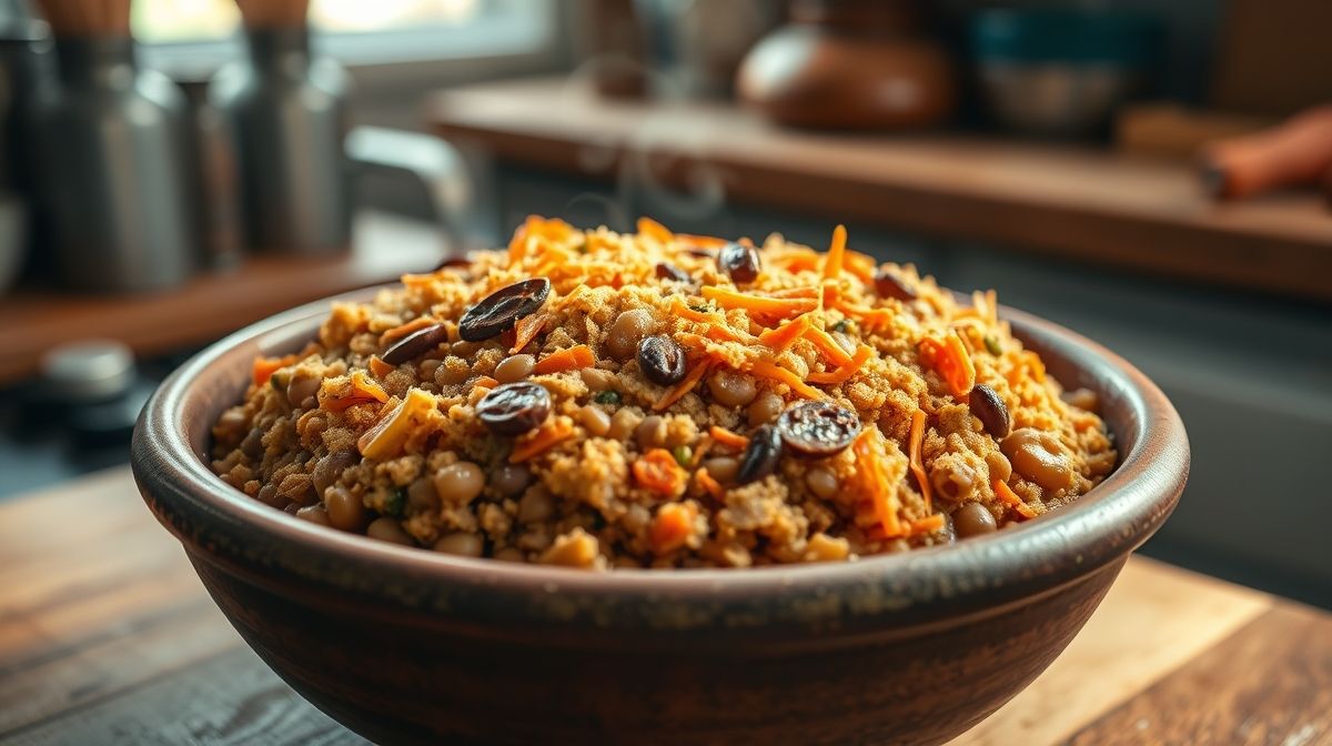 Close de farofa de lentilha pronta, mostrando textura e ingredientes como lentilha, cenoura ralada e farinha de mandioca, em ambiente de cozinha caseira