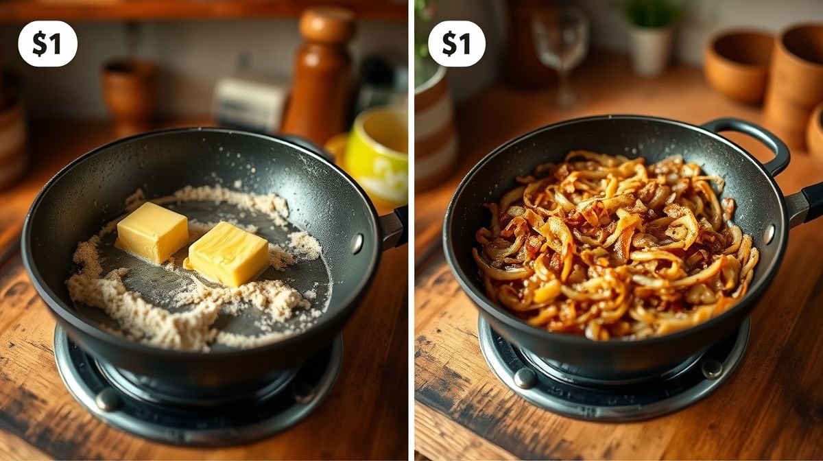 Imagem passo a passo do preparo da farofa de manteiga simples, mostrando manteiga derretendo na frigideira com farinha de mandioca e cebola dourada, ambiente de cozinha caseira