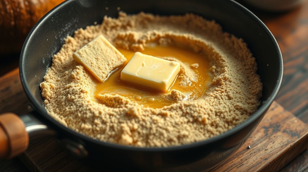 Imagem close-up mostrando o preparo da farofa de manteiga simples em uma frigideira, com manteiga derretendo e farinha de mandioca sendo incorporada, tons quentes e ambiente de cozinha caseira