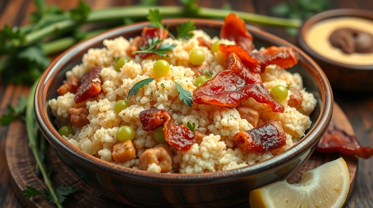 Imagem detalhada de farofa brasileira tradicional, com ingredientes como farinha de mandioca, bacon crocante, cebola dourada e cheiro-verde, textura úmida e apetitosa em panela de cerâmica