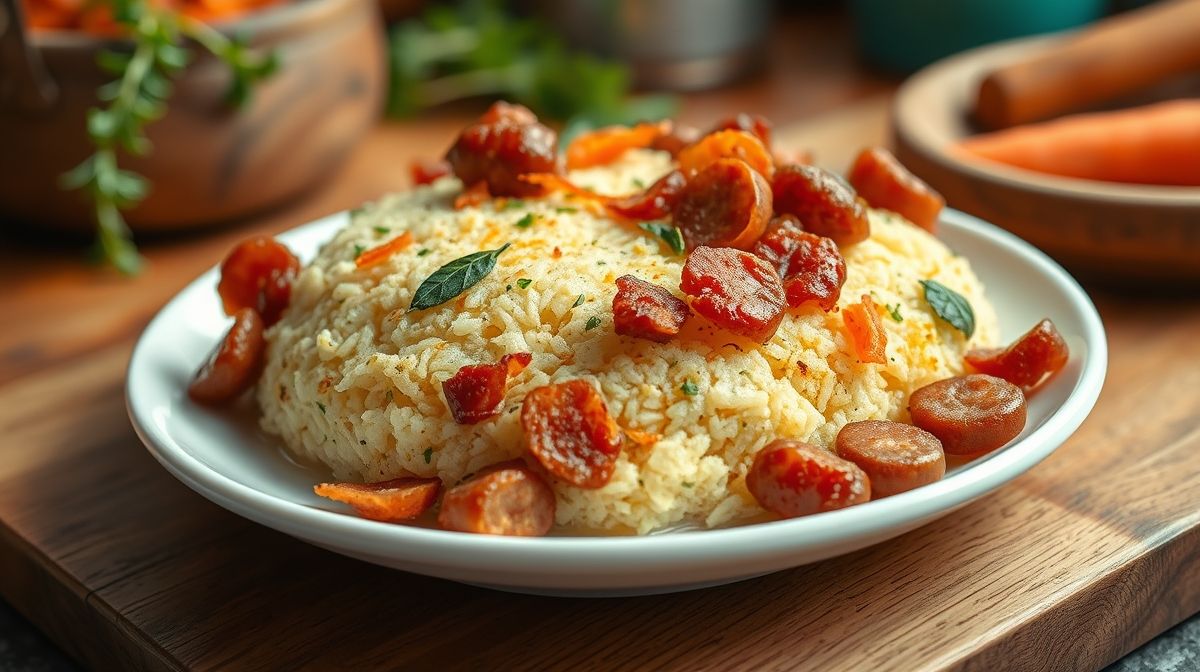 Close detalhado da farofa úmida para churrasco em um prato branco, mostrando textura molhadinha, pedaços crocantes de bacon e linguiça, com cenoura ralada e cheiro-verde fresquinho, em ambiente de cozinha caseira