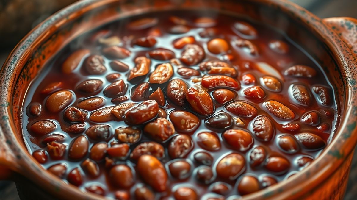 Feijão com caldo grosso sendo mexido em panela de barro, textura encorpada, cores vibrantes, foco na comida, estilo fotográfico realista