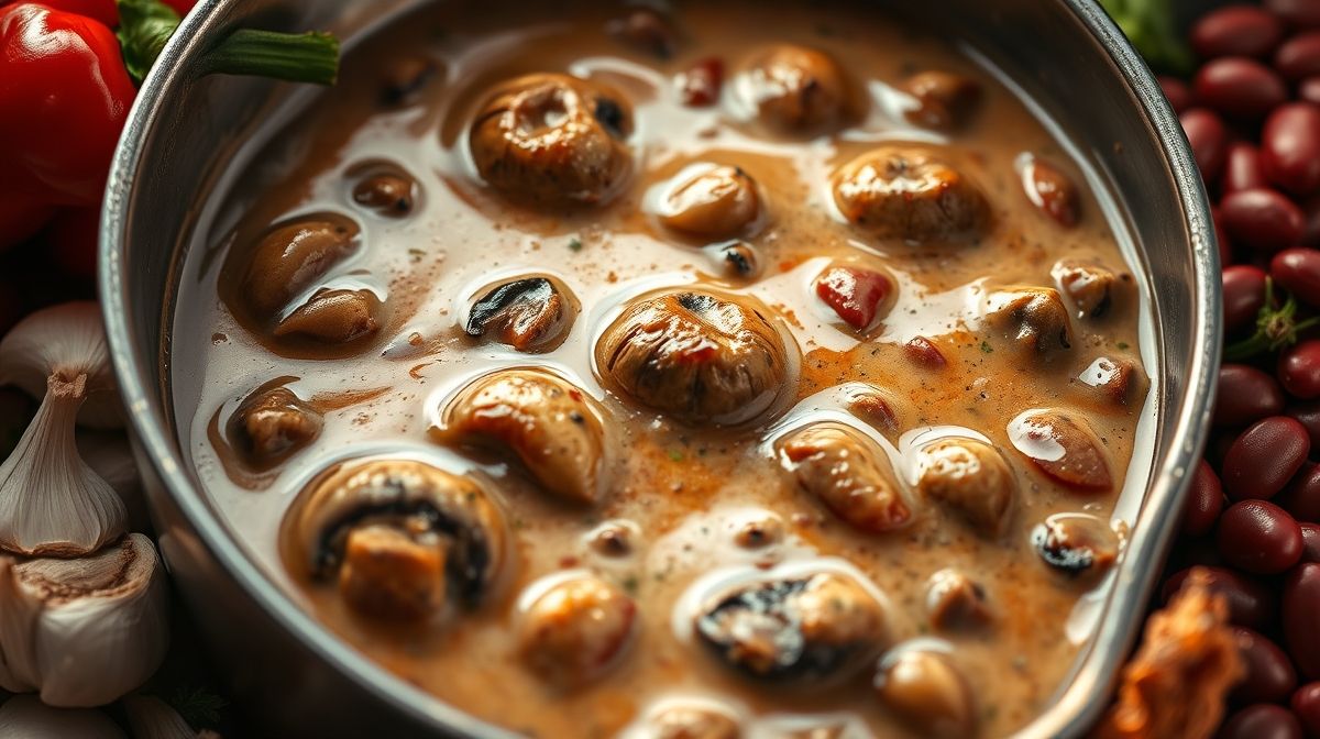 Close-up do molho especial da feijoada de cogumelos com textura cremosa, em panela com ingredientes frescos como pimento vermelho assado, alho e feijão encarnado ao redor