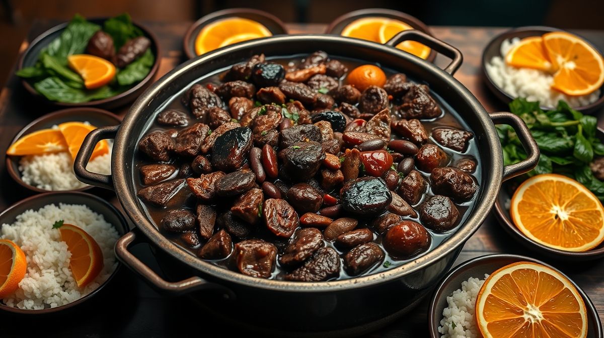 Imagem detalhada de feijoada para 12 pessoas na panela com tons escuros, carnes variadas, feijão preto cozido, acompanhada de arroz branco, couve refogada e fatias de laranja, apresentação apetitosa