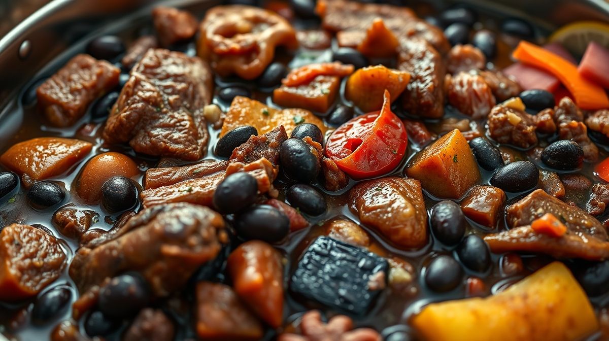 Close-up da feijoada em panela grande, mostrando as carnes variadas, feijão preto e guarnições, textura apetitosa, estilo fotografia gastronômica profissional, foco nos detalhes e cores vibrantes