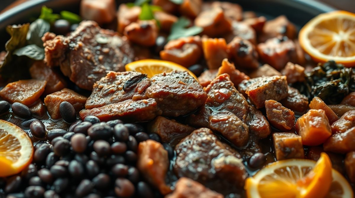 close-up de uma feijoada completa, destacando carnes, feijão preto e acompanhamentos típicos brasileiros, estilo culinária artesanal, iluminação natural