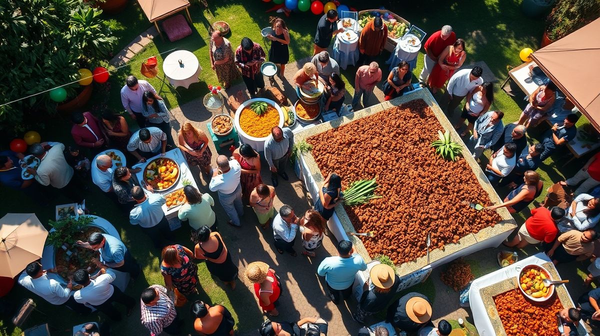 Vista aérea de uma grande festa ao ar livre com 500 convidados sendo servidos feijoada em buffet abundante e bem organizado, mostrando comidas tradicionais brasileiras
