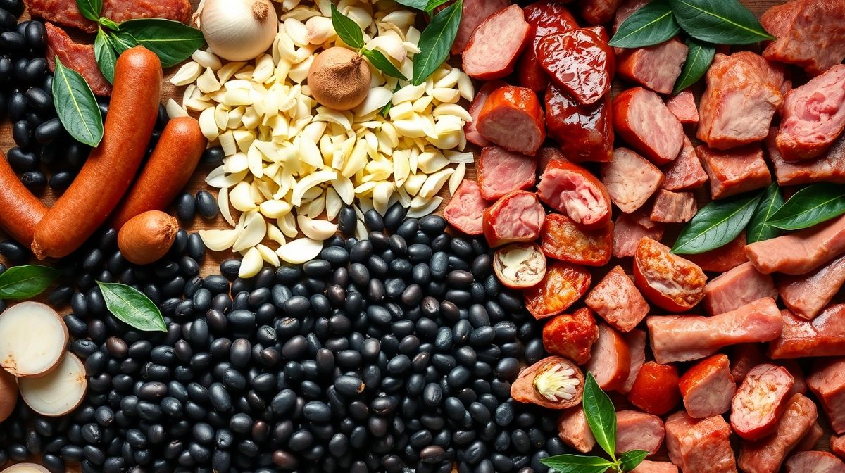 Imagem detalhada dos ingredientes dispostos para preparo de feijoada para 80 pessoas, destacando feijão preto, carnes, cebola, alho e folhas de louro sobre bancada de cozinha