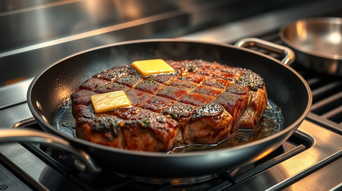 Filé Chateaubriand sendo selado em frigideira quente com manteiga e alho, textura caramelizada na carne, estilo gourmet em cozinha profissional