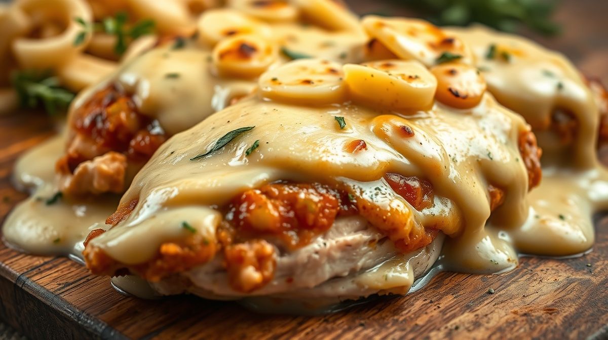 Close-up de filé de frango coberto com molho quatro queijos cremoso, fatias de muçarela gratinadas douradas, prato rústico sobre mesa de madeira, textura detalhada do queijo derretido, iluminação suave natural, fotografia culinária