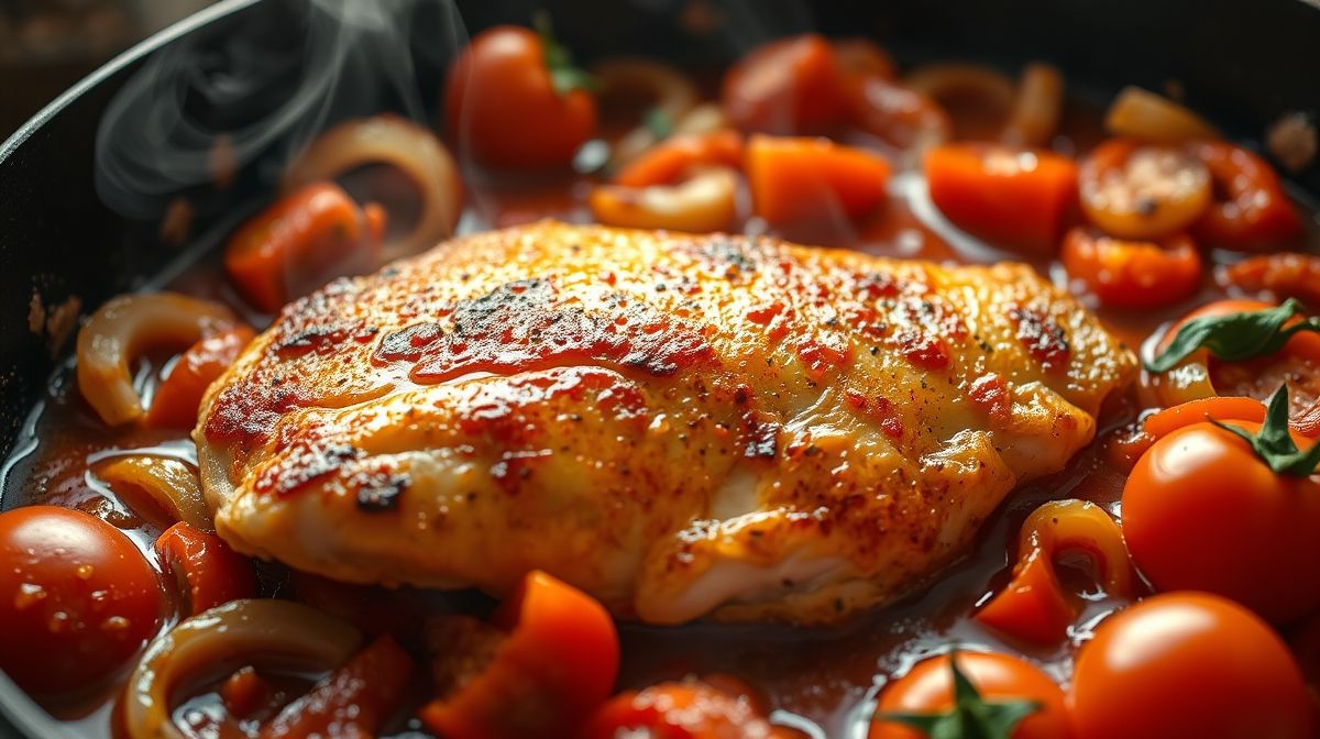 Imagem close-up do filé de frango dourado na panela com molho de tomate caseiro, cebola, pimentão e tomates frescos, com vapor saindo, enfatizando o preparo na cozinha caseira